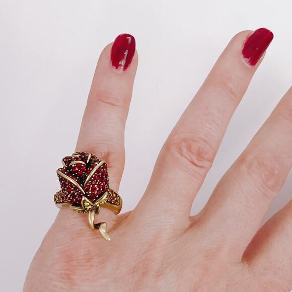 VTG Signed Heidi Daus Red Rose Crystal Gold Tone Elegant Cocktail Ring Romantic - Picture 11 of 13